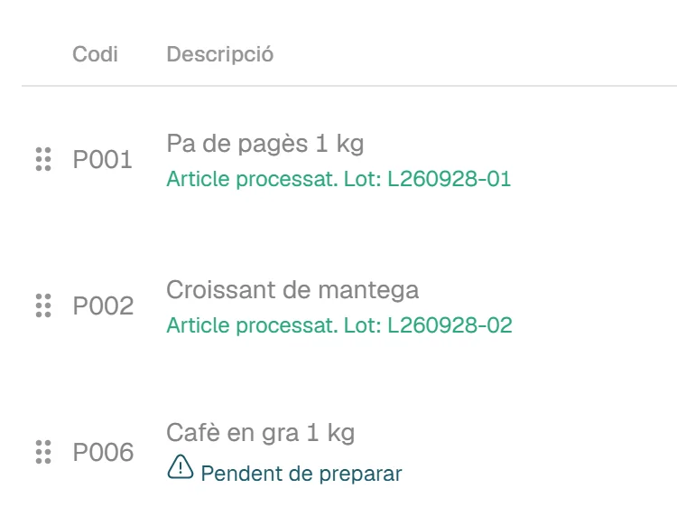 Taula de línies d’una comanda: dues línies ja preparades, amb el seu lot, i dues de pendents de preparar.