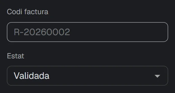 Capçalera d’una factura rectificativa, amb el número de la seva pròpia sèrie.