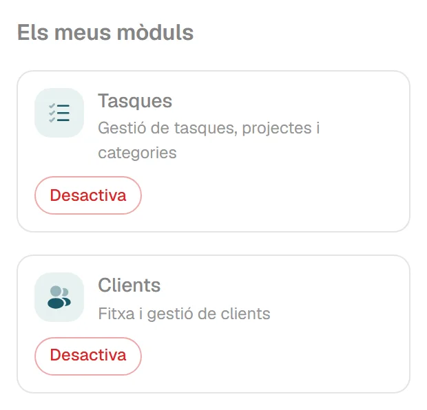 Pantalla de mòduls d’una empresa, amb els mòduls que té actius.