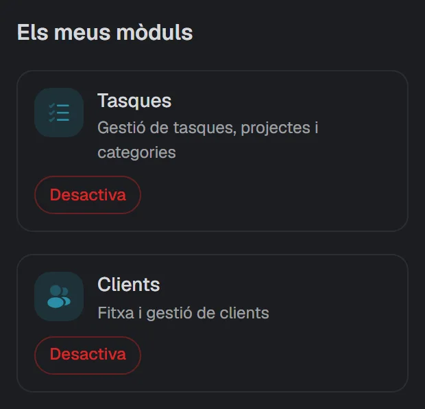 Pantalla de mòduls d’una empresa, amb els mòduls que té actius.