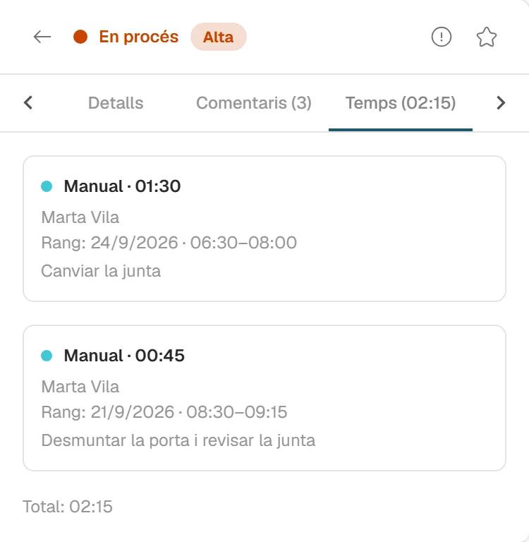 Una tasca oberta a la pantalla de tasques, amb el seu estat i la seva prioritat.