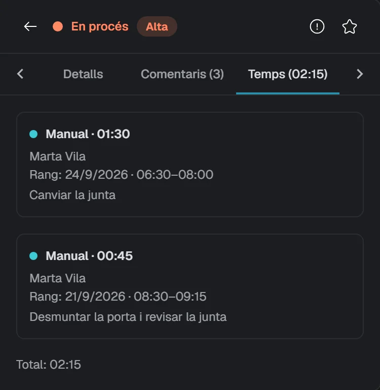 Una tasca oberta a la pantalla de tasques, amb el seu estat i la seva prioritat.