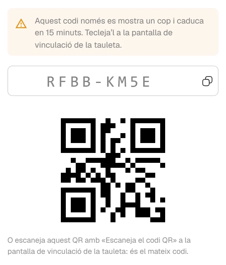 Diàleg amb el codi d’activació d’una tauleta, el seu codi QR i l’avís que només es mostra un cop i caduca al cap de quinze minuts.