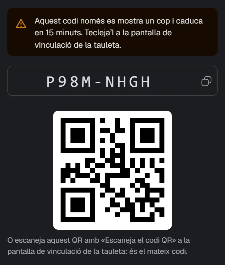 Diàleg amb el codi d’activació d’una tauleta, el seu codi QR i l’avís que només es mostra un cop i caduca al cap de quinze minuts.